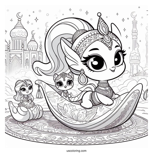 Shimmer And Shine Coloring Page Nahal, And Nazboo On A Magic Carpet With Zeta In The Background