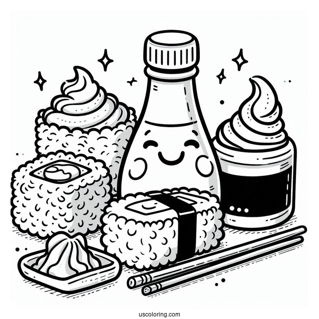 Cartoon Sushi Coloring Pages Variety, Wasabi, And Soy Sauce