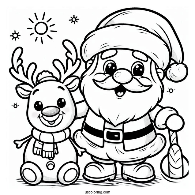 Santa With Rudolph And Snowman To Color