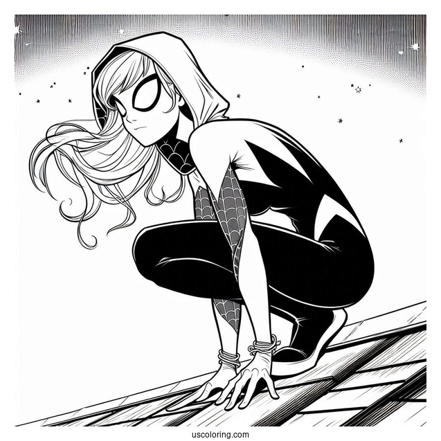 Spider-Gwen Coloring Page Crouched On The Edge Of A Roof