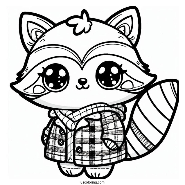 Kawaii Raccoon In A Plaid Jacket Coloring Sheet