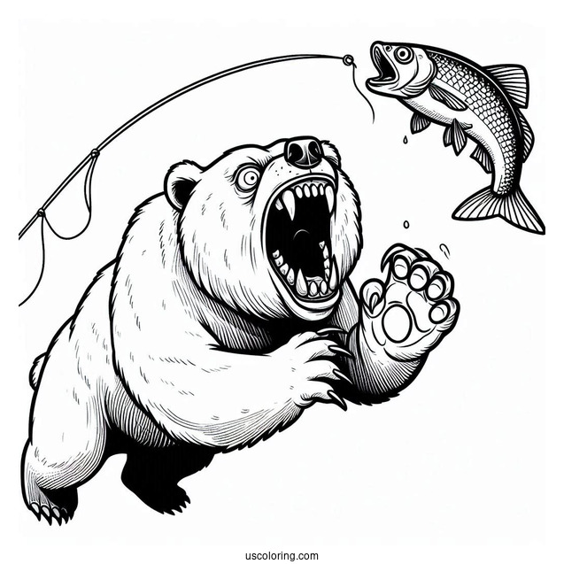 Scary Bear Coloring Page Catching Fish In The Air