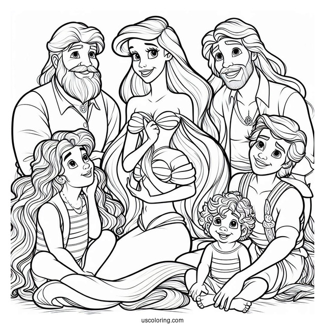 Ariel With Her Entire Family Coloring Sheet