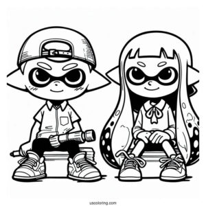 Splatoon Coloring Page Of Orange Inkling Boy Sitting Next To Blue Inkling Girl After Battle