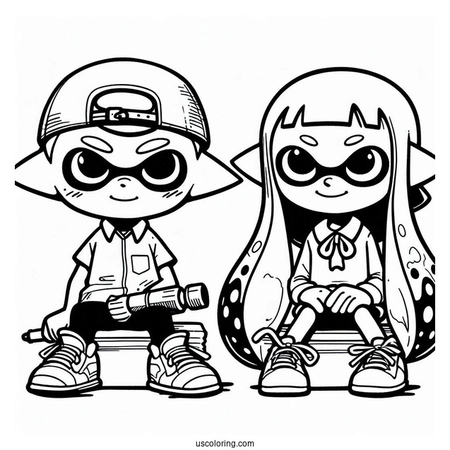 Splatoon Coloring Page Of Orange Inkling Boy Sitting Next To Blue Inkling Girl After Battle