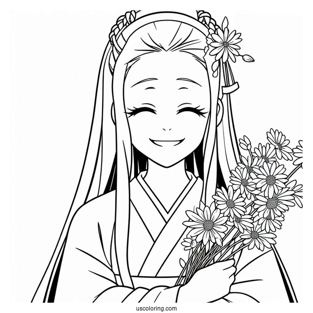 Nezuko Coloring Page Smiling And Holding Wildflowers