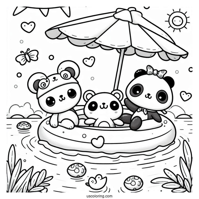 Summer Coloring Page Of Kawaii Bear, Panda, And Frog Floating In The Pool