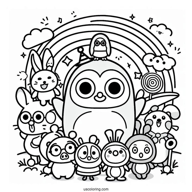 Pororo Coloring Page Surrounded By Poby, Harry, Rody, Eddy, Loopy, Petty, Crong, And Tongtong For Kids