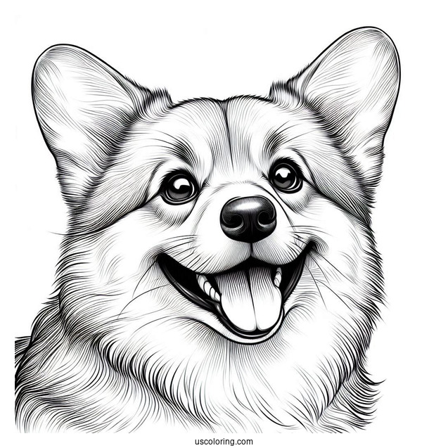Realistic Corgi Coloring Page Smiling With Tongue Out