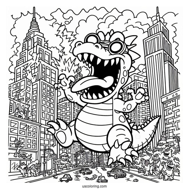 Rugrats Coloring Page Of Scary Reptar Destroying City
