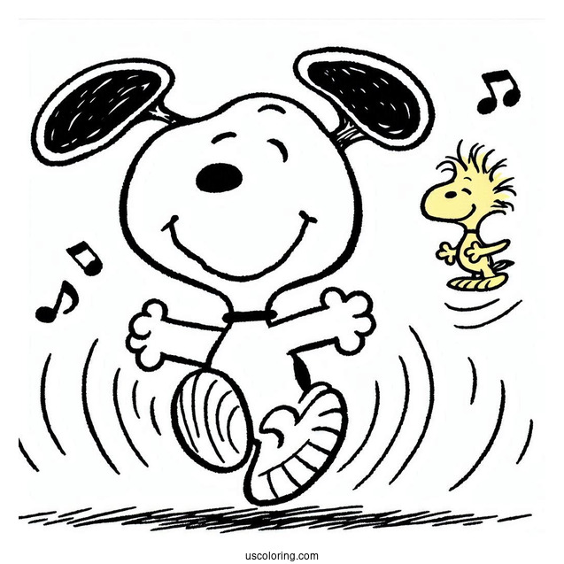 Dancing Snoopy With Woodstock To Color