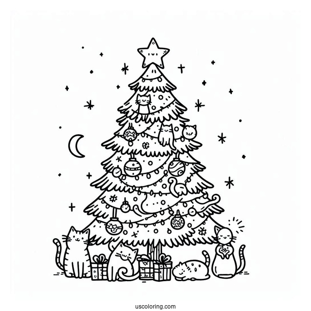 Christmas Tree With Cats Coloring Page