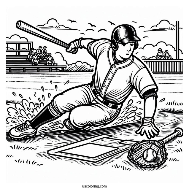 Baseball Coloring Page Of Player Sliding into Home Plate For Kids