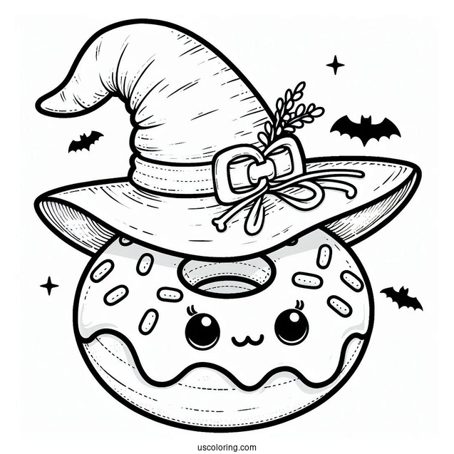 Donut Coloring Page Wearing A Witch's Hat On Halloween