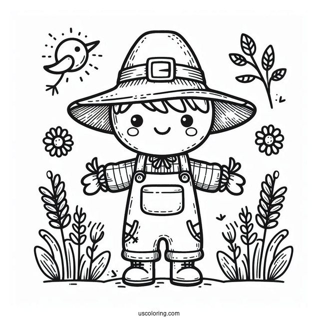 Cute Scarecrow Coloring Page With Hat And Overalls For Kids