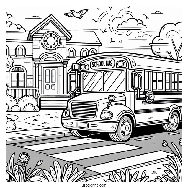 School Bus Driving Past Elementary School