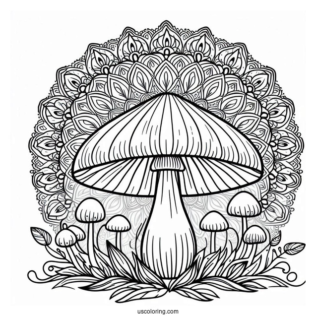Mushroom Coloring Page In Front Of A Mandala