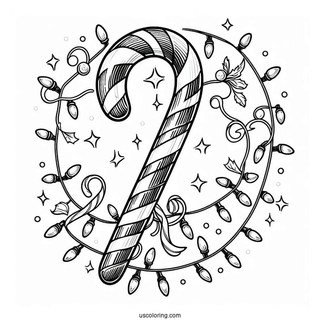 Easy Candy Cane Coloring Page Surrounded By Christmas Lights