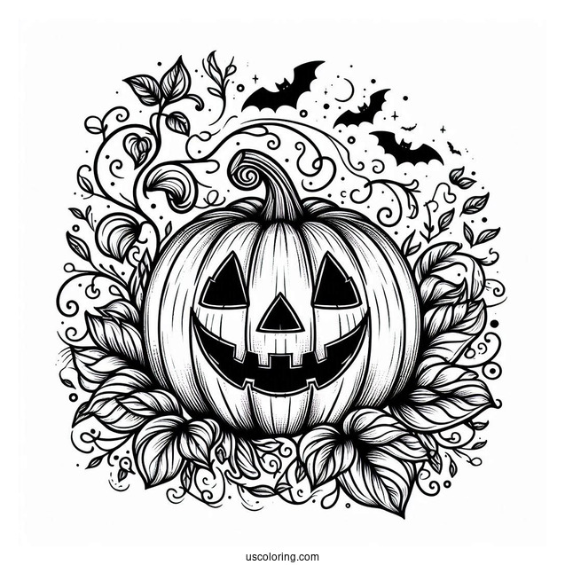 Pumpkin Coloring Page Of Spooky Jack O Lantern With Vines And Bats