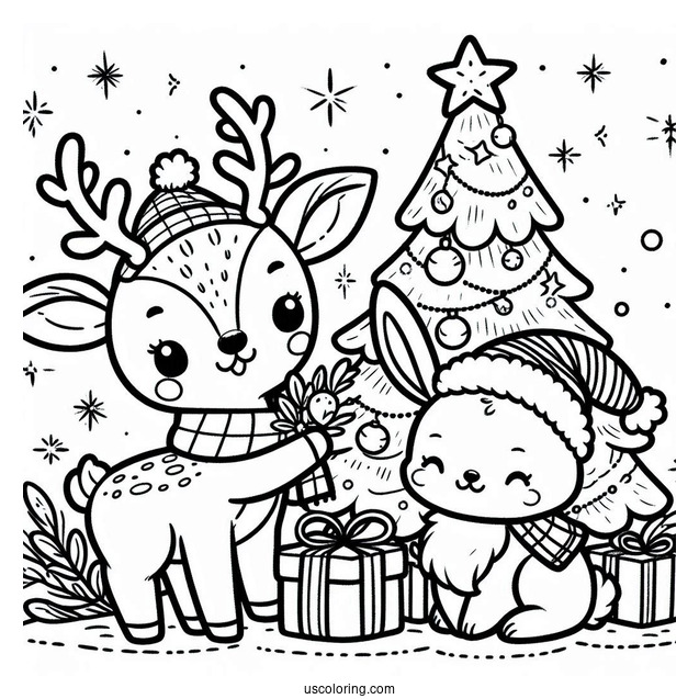 Cute Reindeer And Bunny With Christmas Tree