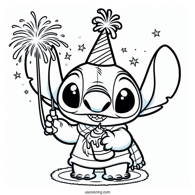 New Year Coloring Page Of Smiling Stitch With A Party Hat And A Sparkler