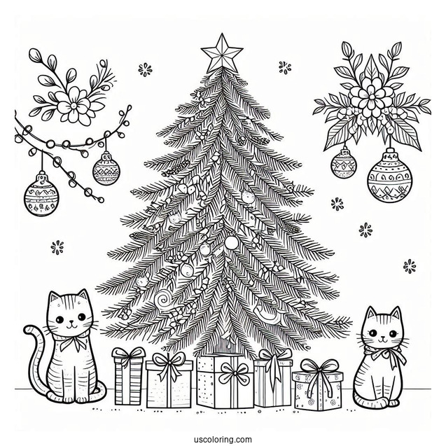 Christmas Tree With Cats Coloring Page