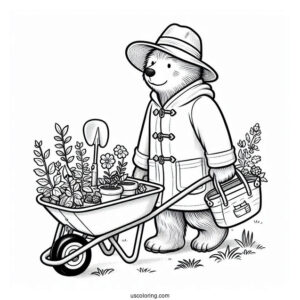 Paddington Coloring Page Pushing A Wheelbarrow Full Of Gardening Tools