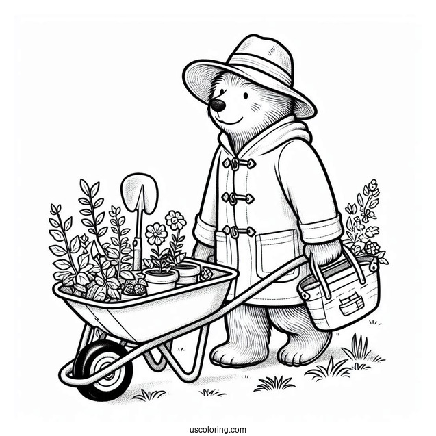 Paddington Coloring Page Pushing A Wheelbarrow Full Of Gardening Tools