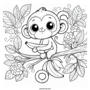 Little Monkey Hanging On A Vine Beside A Cool Banana Coloring Page