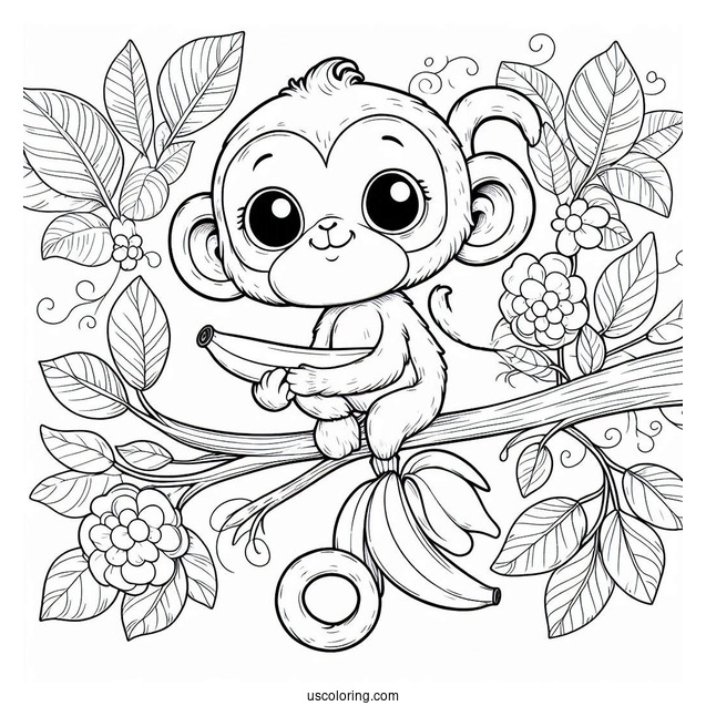 Little Monkey Hanging On A Vine Beside A Cool Banana Coloring Page