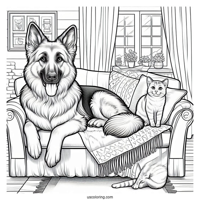German Shepherd And Cat Sitting On Couch