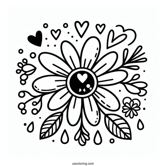 Peace Coloring Page Of Cute Flower With Love Heart For Eyes For Preschoolers