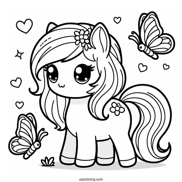 Cute Kawaii Horse With Butterfly To Color