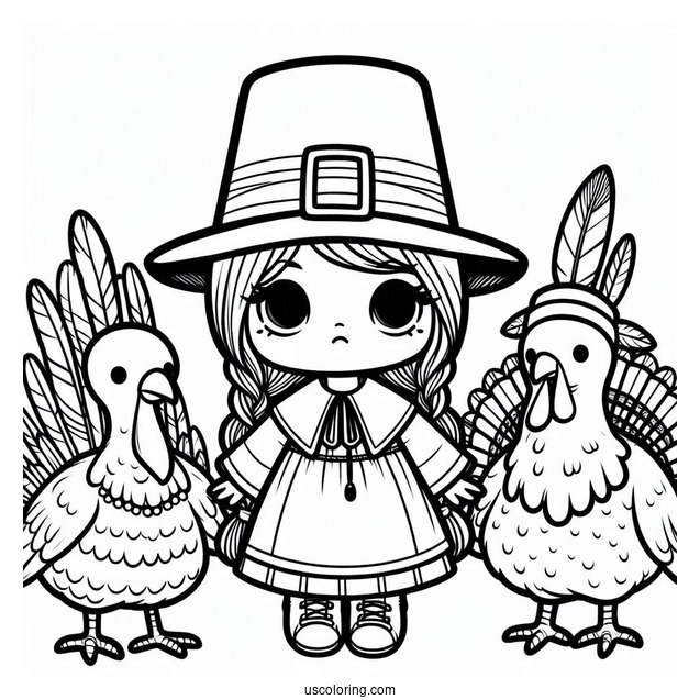 Chibi Pilgrim Coloring Page With Native Americans And A Turkey