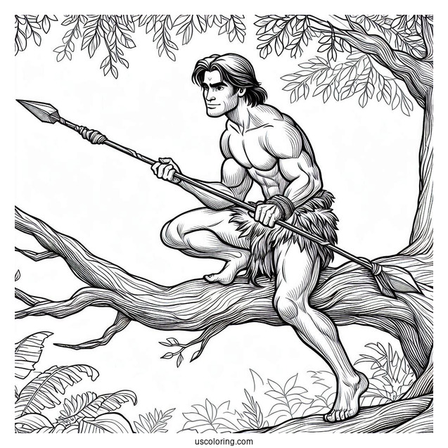 Tarzan Coloring Page Holding Spear While Crouched On Tree Branch