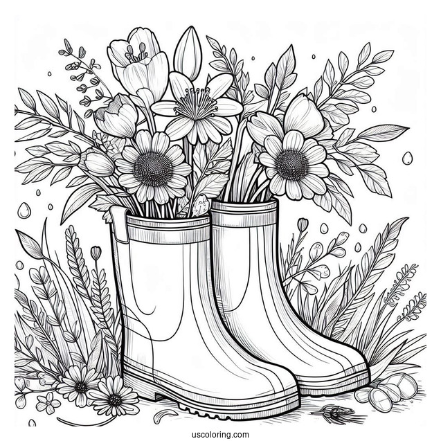 Rainboots Filled With Spring Coloring Page Wildflowers