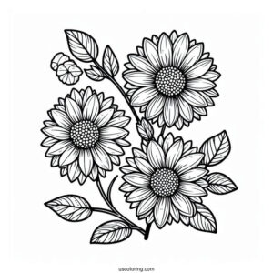 Flower Coloring Pages Of Three Small Sunflowers With Leaves