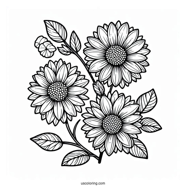 Flower Coloring Pages Of Three Small Sunflowers With Leaves