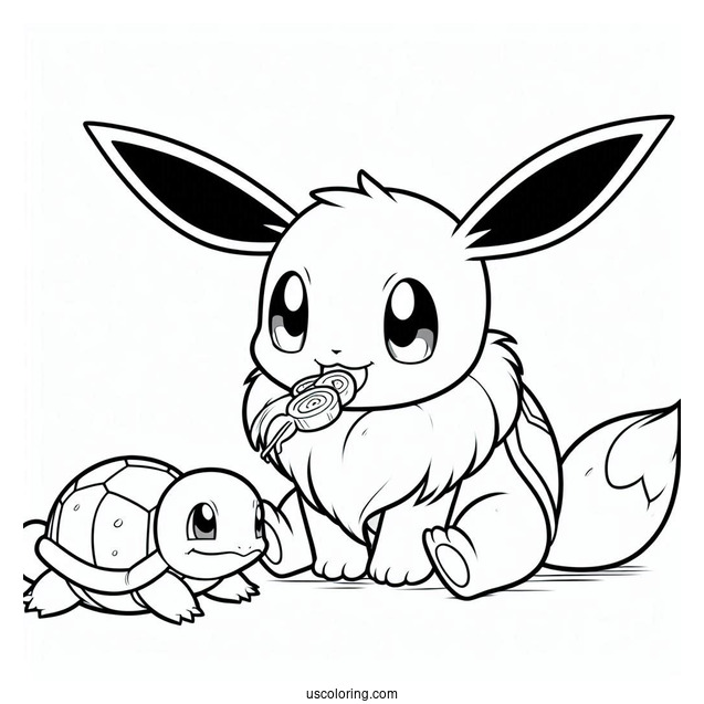 Eevee Eating With Squirtle Coloring Page