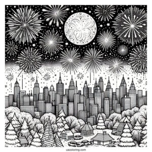 New Year Coloring Page Of Sky Covered With Fireworks In The City
