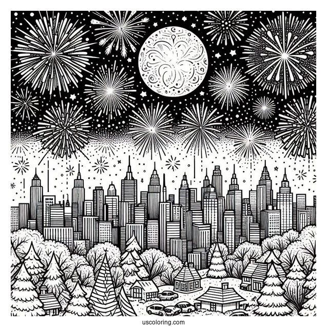 New Year Coloring Page Of Sky Covered With Fireworks In The City