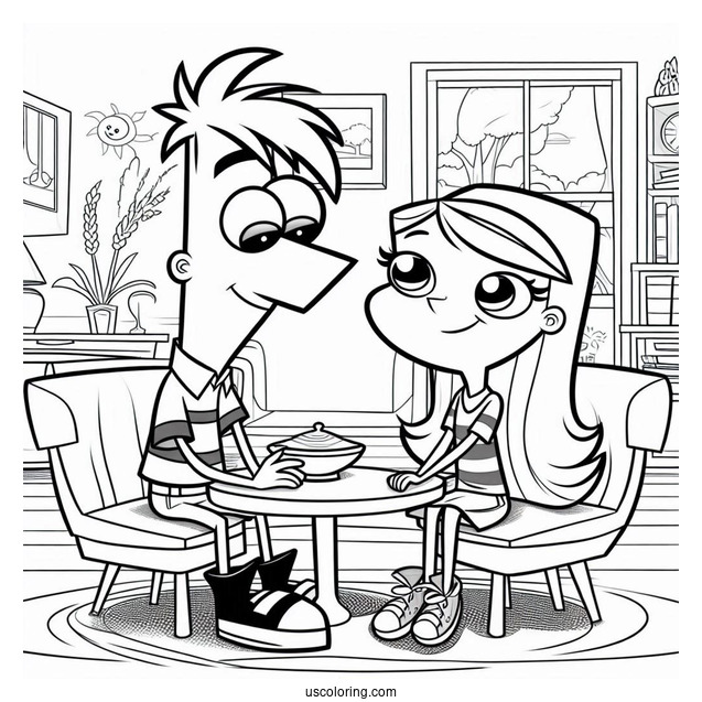 Phineas And Ferb Coloring Page And Candace Sitting In The Living Room
