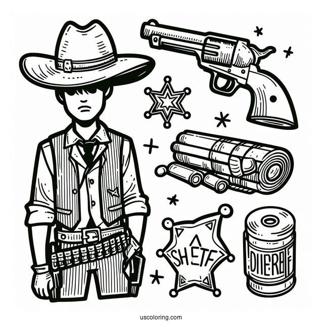 Cowboy Coloring Page Sheriff Photograph, Dynamite, Badge, And Gun