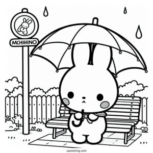 Pochacco Coloring Page Waiting At Bus Stop With Umbrella
