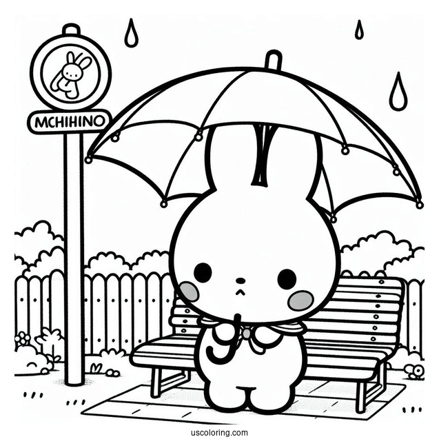 Pochacco Coloring Page Waiting At Bus Stop With Umbrella