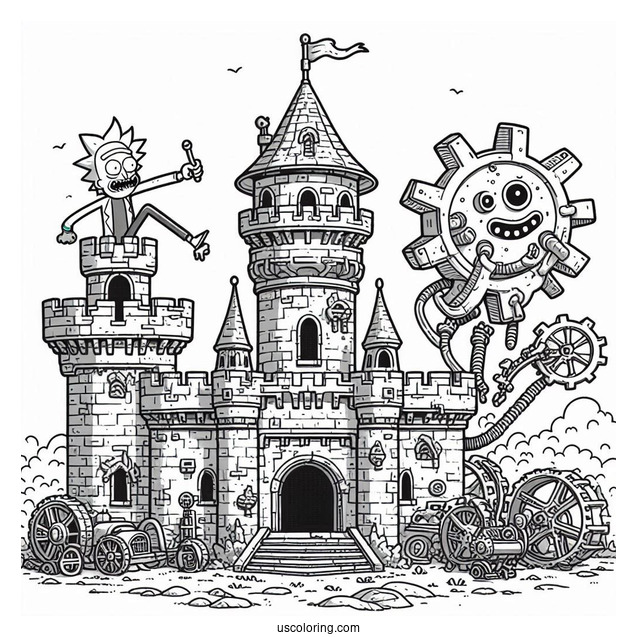 Jerry and Gearhead Building a Castle Rick and Morty Coloring Page