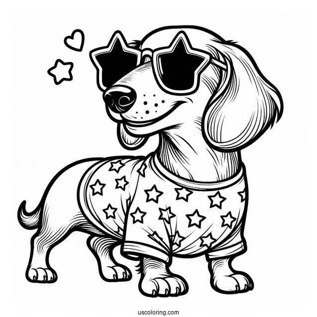 Dachshund Coloring Page Wearing Star Sunglasses And Shirt