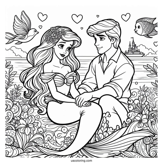Coloring Sheet Of Ariel And Prince Eric In Love
