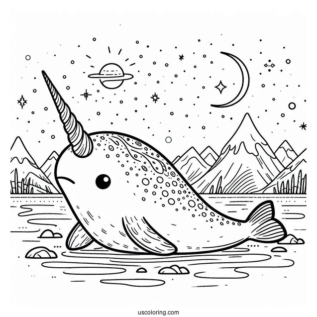 Detailed Narwhal Coloring Page In The Arctic To Color