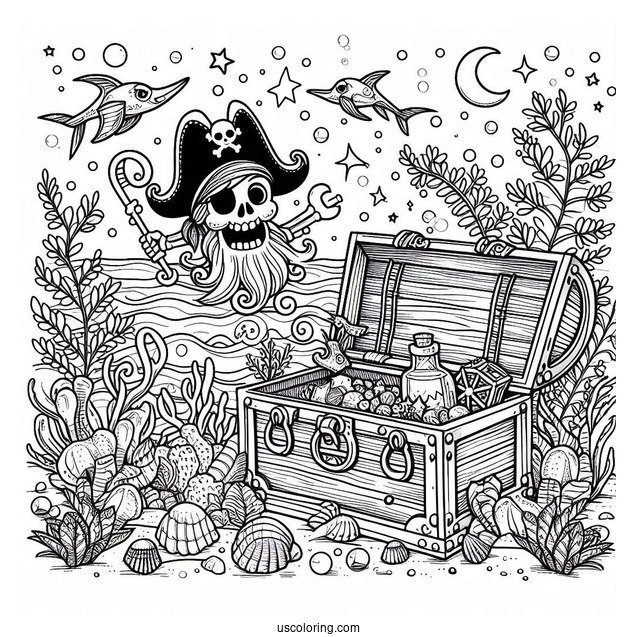 Pirate Coloring Page Treasure Chest Underwater